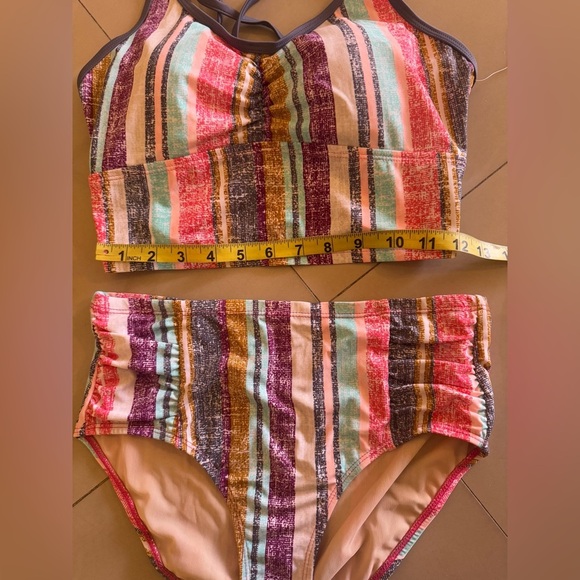 Free Country Striped Retro Bikini Swimsuit front High Waist High Cut Legs S-4/6 - Picture 4 of 14